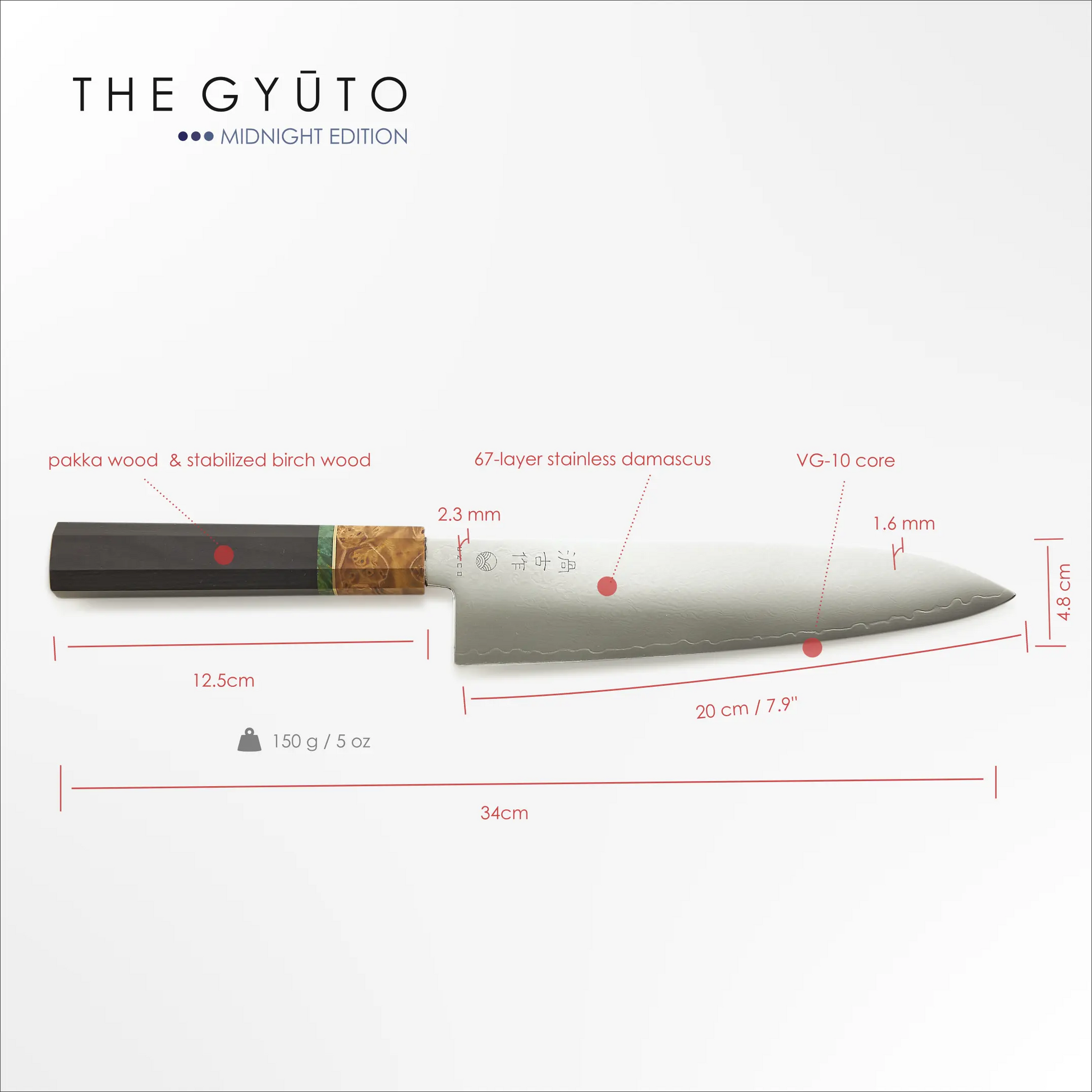 Couteau GYUTO Style Japonais Damas 20 cm / 8 pouces MINUIT UZCO