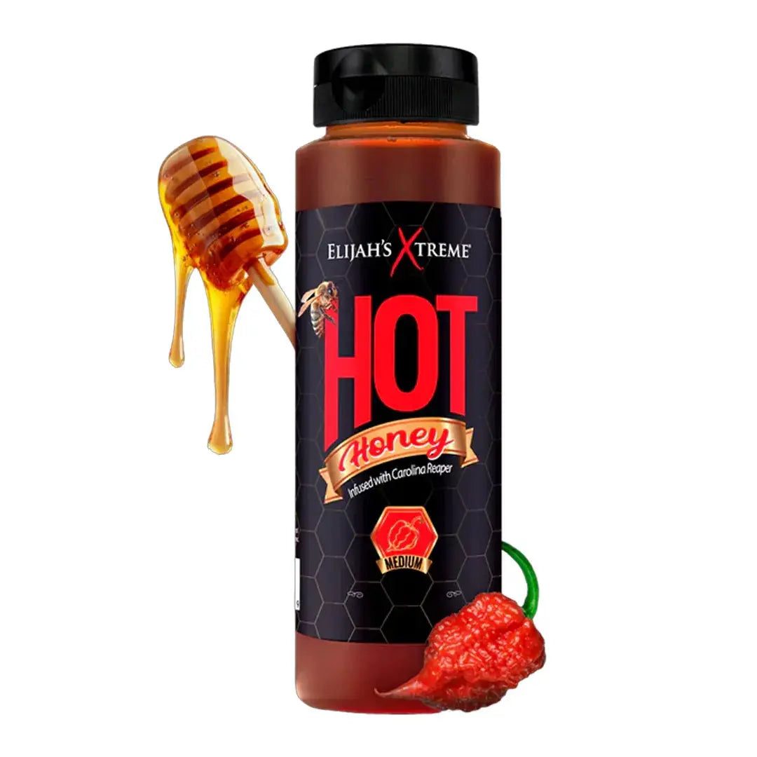 Fles van 12 oz extra pittige honing Elijah's Xtreme