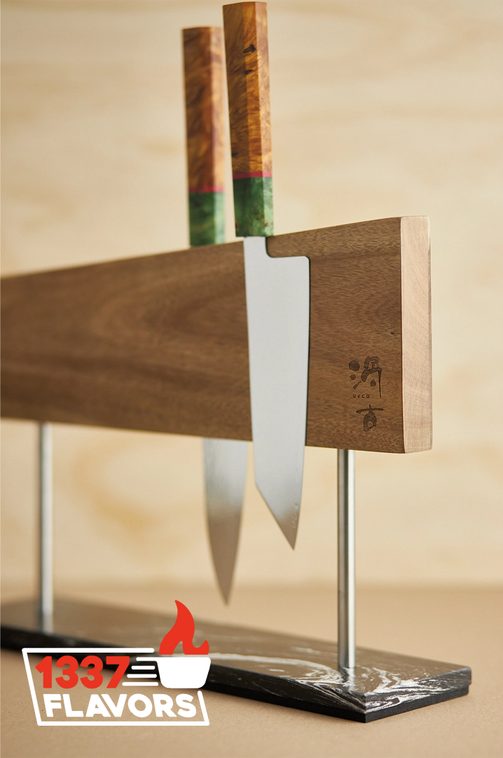 Uzco - Porte couteaux magnétique autoportant marbre & bois d'acacia