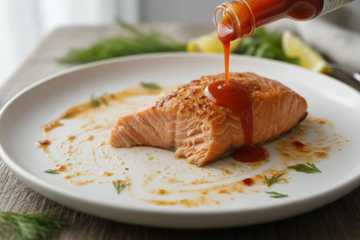 sauce légère rouge qui coule sur du saumon